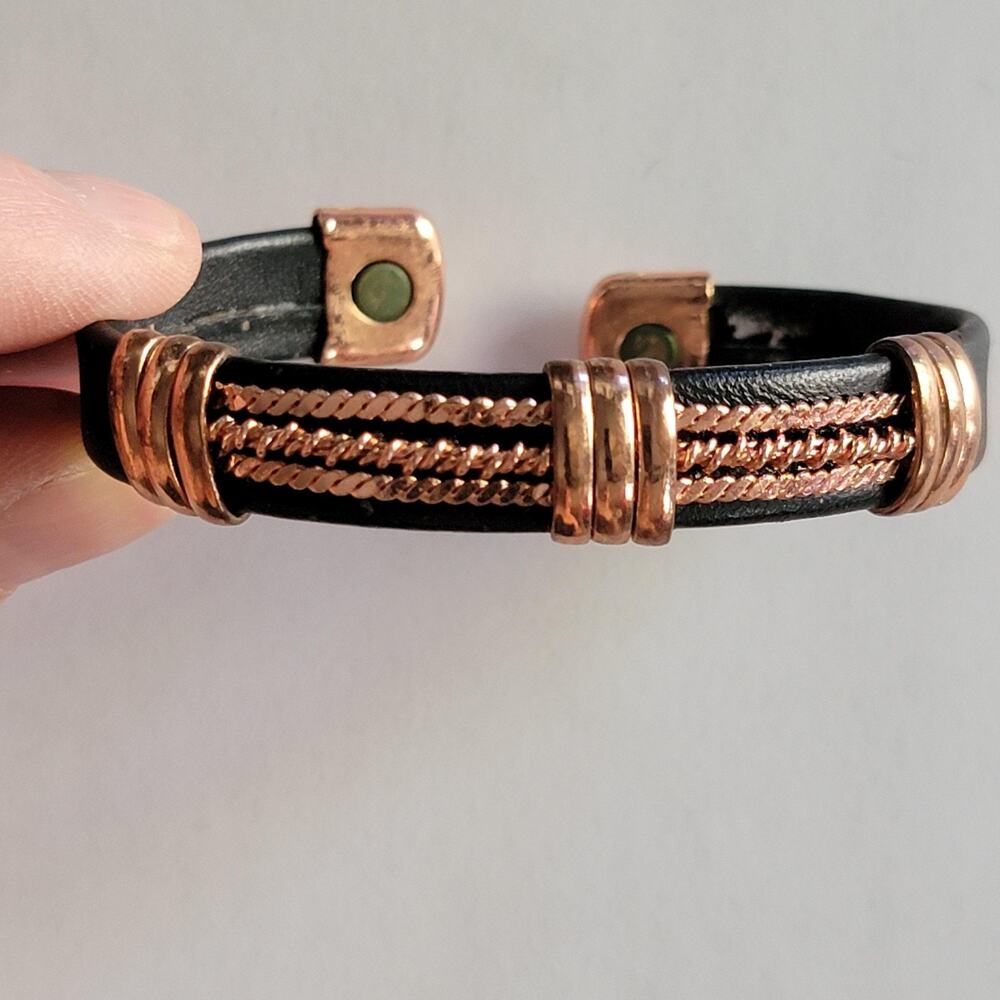 Vintage Bracelet Cuff Black Faux Leather 7in Rose Gold Tone Triple Rope Accent